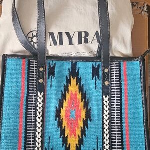 Myra Bag Turquoise and Black Patterned Tote Conceil Carry Bag.